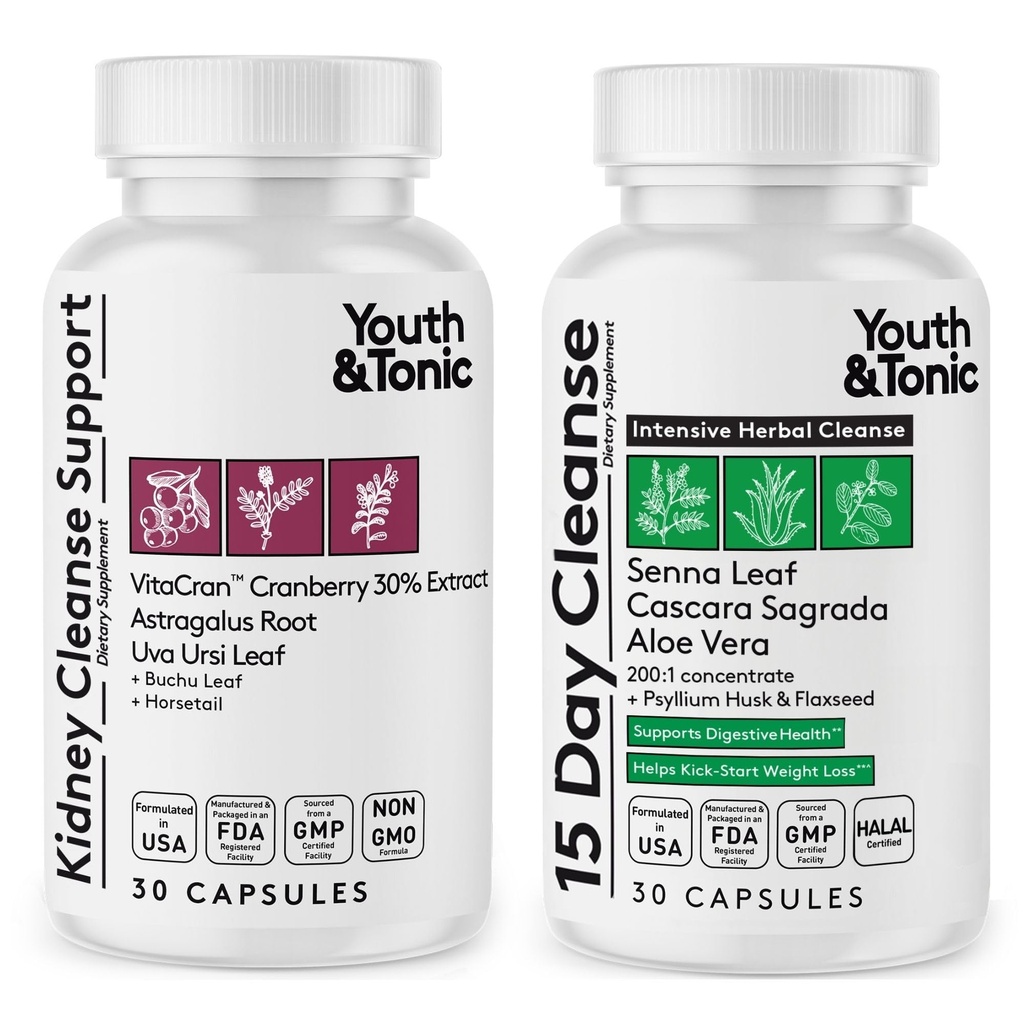 Youth & Tonic 15 Day Colon Detox & Kidney Cleanse — Occasional Constipation, Bloating, Gut & Urinary Tract — Kidney Support Supplement with Senna Leaf & Cranberry Extract — 60 Capsules for Men & Women