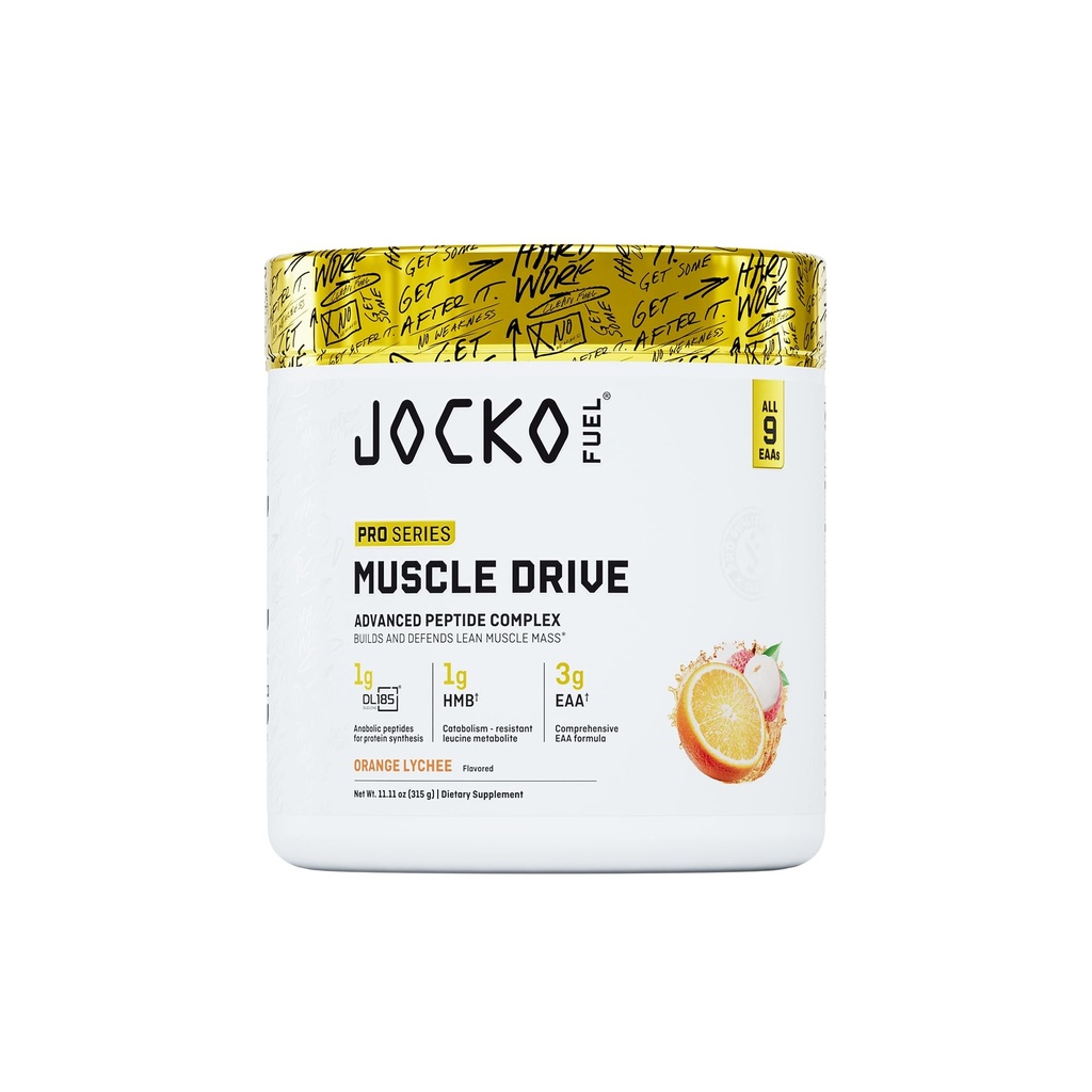 Jocko Fuel Muscle Drive Pro Series, Orange Lychee, HMB, Di-Leucine, EAAs, Protects Lean Muscle Mass & Breakdown, Aids Recovery, Natural Appetite Suppressant, No Bloat, Zero Sugar, 30 Servings