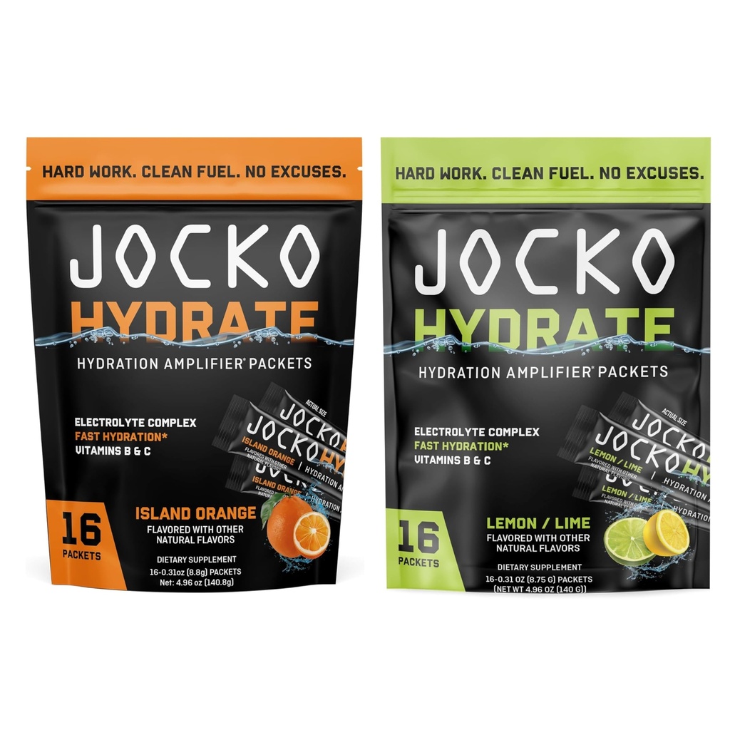 Jocko Fuel Hydrate Electrolytes Powder Packets - Island Orange and Lemon Lime - Hydration Amplifier Packets for Recovery, Dehydration, & Exercise - with Vitamins B6, B12 & C (32 Packets)