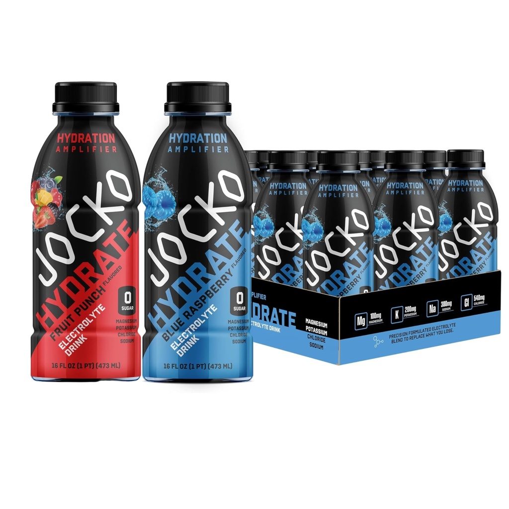 Jocko Fuel Hydrate Electrolyte Drink Bundle - Sports Drink Hydration Amplifier - Scientifically Formulated Electrolyte Blend Blue Raspberry + Fruit Punch 16 Oz (24 Pack)
