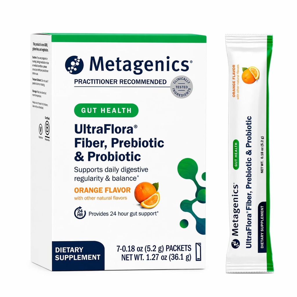 Metagenics UltraFlora Fiber, Prebiotic & Probiotic - Dietary Fiber Supplement Powder - Supports Bowel Regularity, Microbiome Balance & Gut Comfort - Orange Flavor - 7 Servings