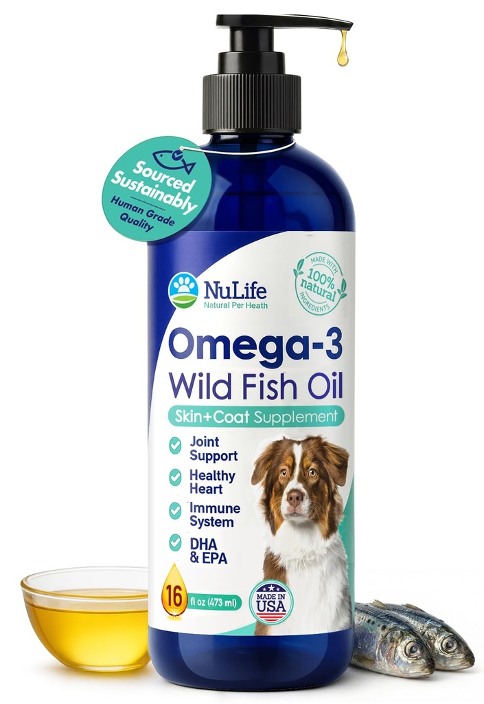 Flüssiges Fischöl für Hunde mit Omega 3, 6 & 9 Fettsäuren, Wild Caught aus Island, Haut und Mantel Ergänzung für Shedding, juckende Haut, Allergien, Gehirn und Herzgesundheit, reich an EPA + DHA - 16 oz