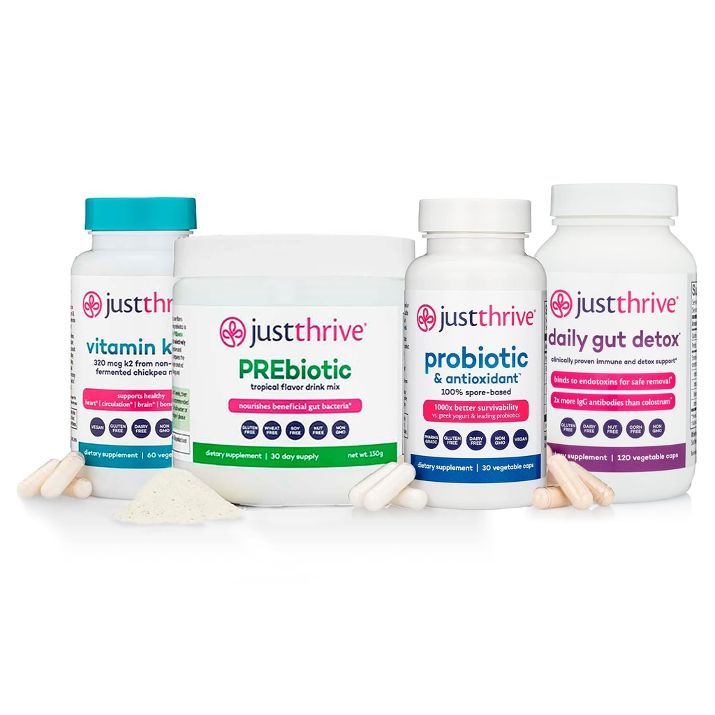 Just Thrive Core Health Complete Bundle – Probiotic, PREbiotic Powder, Daily Gut Detox and Vitamin K2-7– Advanced Digestive, Detox, and Circulatory Support for Complete Body Wellness