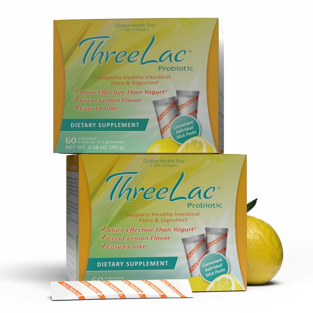 Global Health Trax ThreeLac Lemon Probiotic Drink Mix for Digestive Health - Advanced Probiotic Powder Formula for Men, Women, and Kids - Immune Support & Gut Balance, Non-GMO - 120 Packets