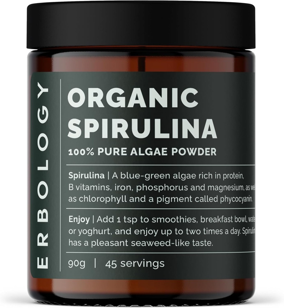 Erbologie Bio Spirulina Pulver 3.2 oz - 45 Servierungen - Sustainable Sourced in Portugal - Energie- und Immununterstützung - Reich an Chlorophyll, B Vitamine, Eisen und Phosphor - Vegan - GMO-frei