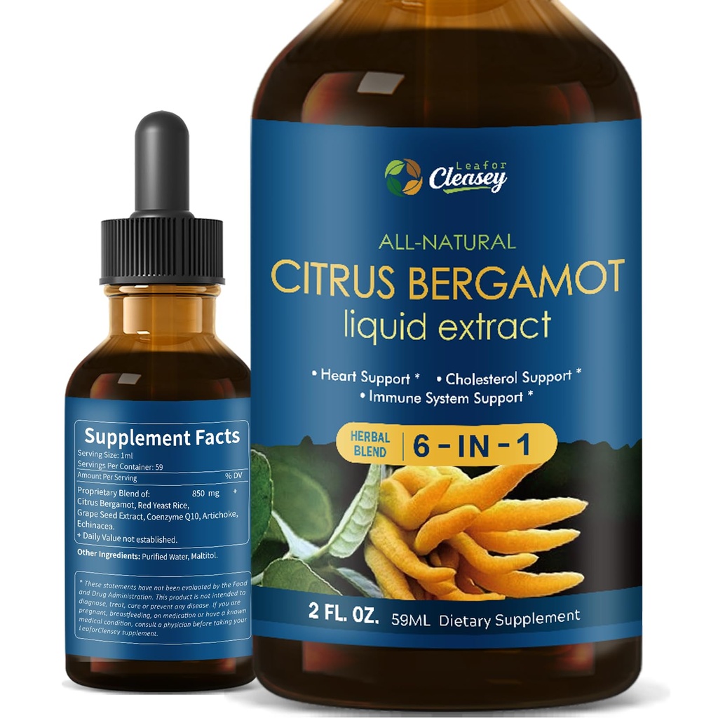 Citrus Bergamot Liquid Drops for High Cholesterol, Bergamot Extract Blend Supplements with Red Yeast Rice & CoQ10 for Heart & Immune Support, Non-GMO, 100% Vegan, 2 oz
