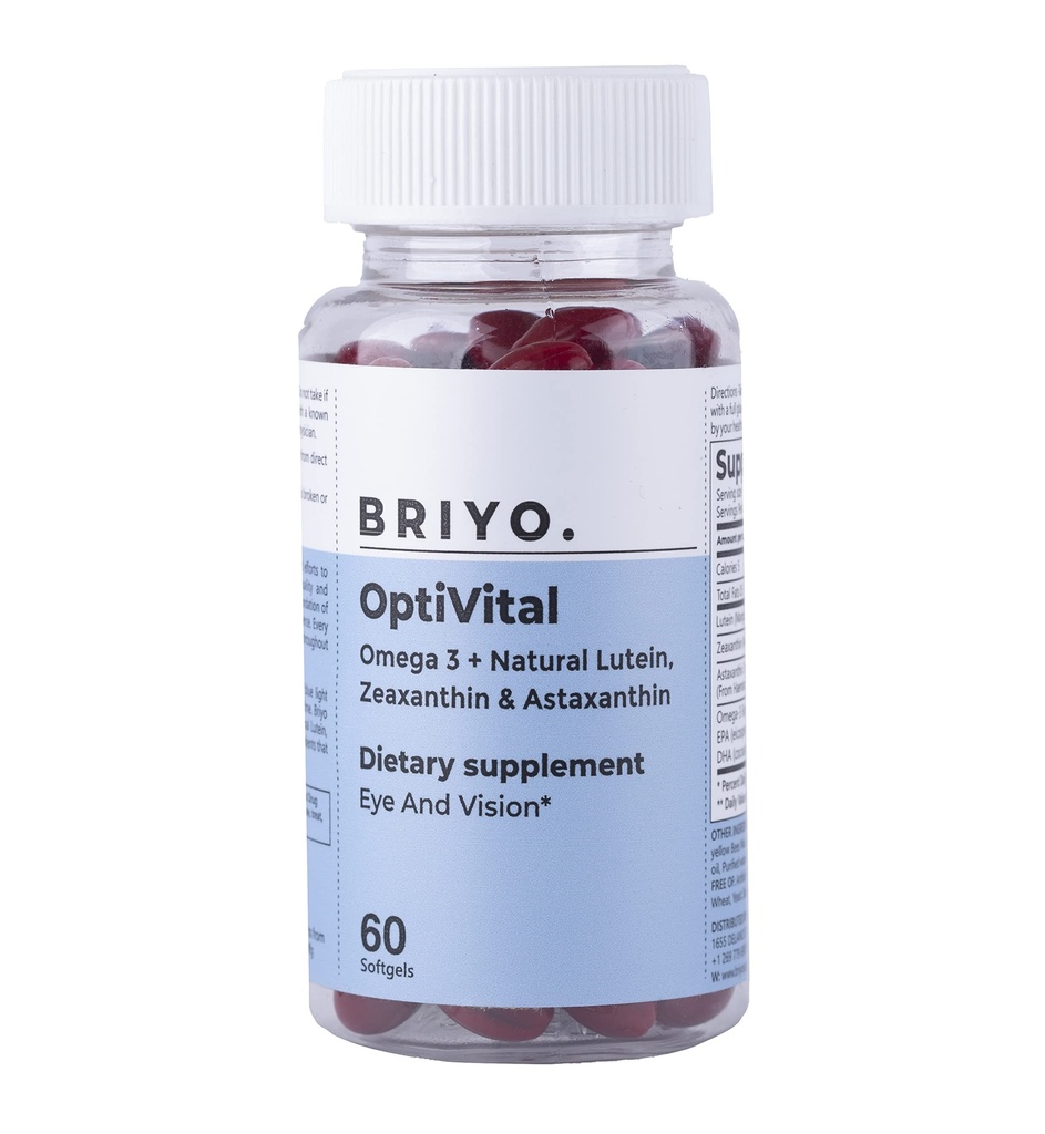 Briyo OptiVital Eye Health Supplement – Lutein, Zeaxanthin, Astaxanthin & Omega-3 from Natural Sources – Supports Vision, Retinal Health & Eye Strain Relief – 60 Capsules
