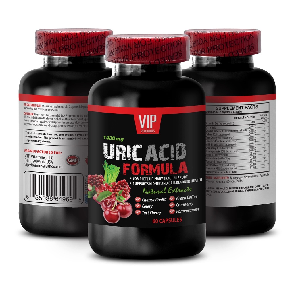 Uric Acid Reduction Herbs - URIC ACID FORMULA - Uric Acid, Pomegranate for Uric Acid, Uric Acid and Support, Green Coffee Bean for Uric Acid, Tart Cherry for Uric Acidification 1 Bottle 60 Capsules