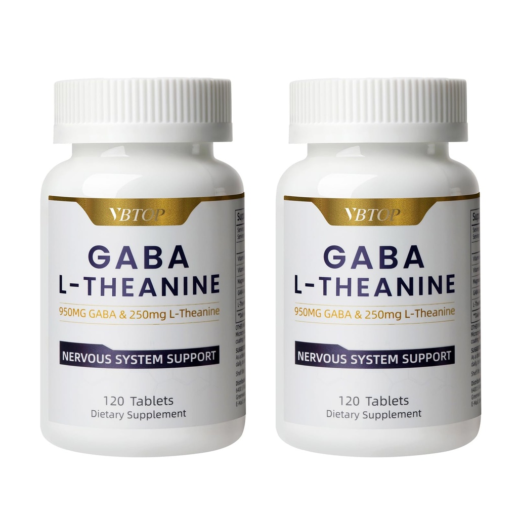 -2 Bottles- GABA Supplement 950mg with 250mg L-Theanine, Melatonin-Free, Enhanced with B6/B12/Magnesium for Calm, Restful Sleep & Stress Relief, Non-GMO Gluten Free, 120 Tablets for Adults