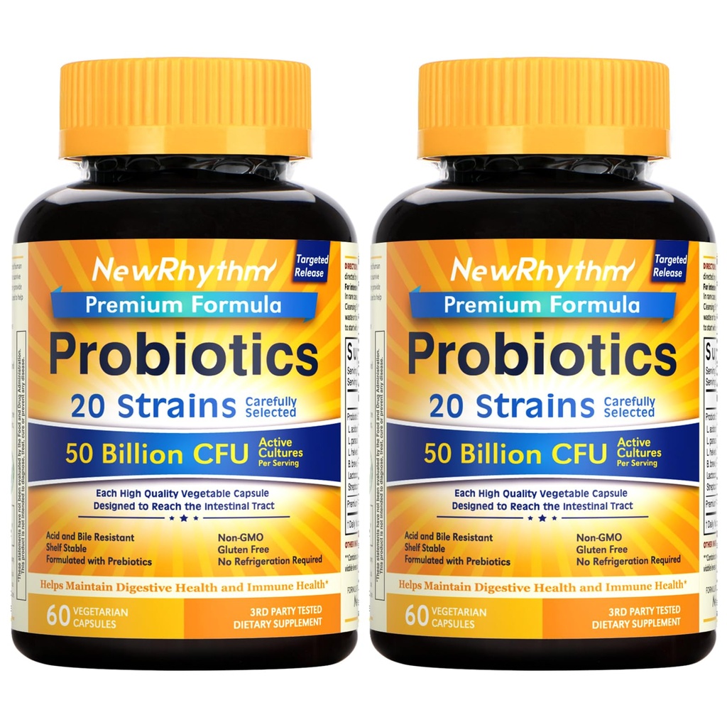 NewRhythm Probiotics 50 Billion CFU 20 Strains, 120 Veggie Capsules, Targeted Release Technology, Stomach Acid Resistant, Keine Notwendigkeit für Kälte, Non-GMO, Glutenfrei
