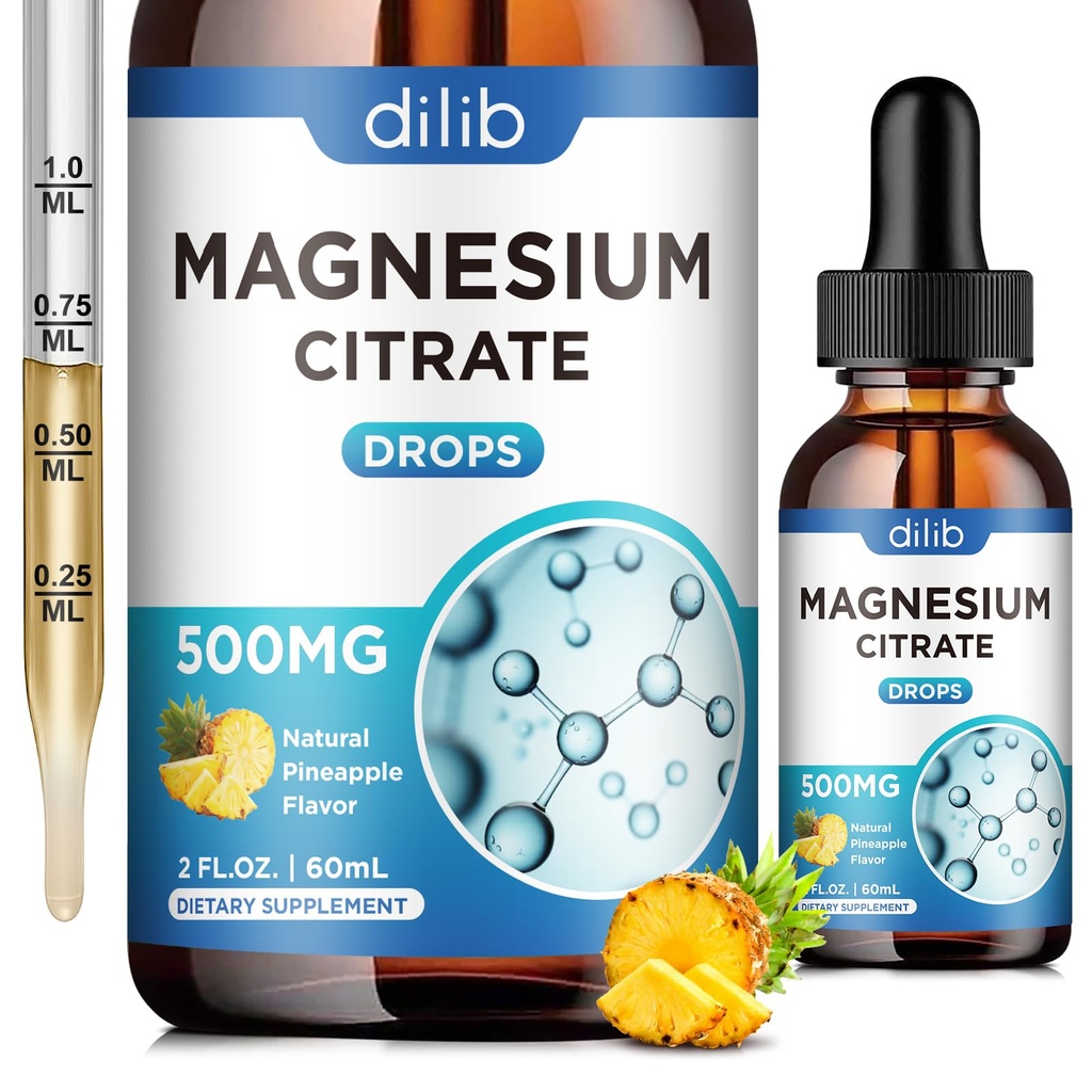 Magnesium Citrate Liquid Magnesium Drops Supplement 500mg-Support Stress Relief, Bone, Muscle, Mood, Sleep-2 Fl Oz, Vegan, Pineapple Flavor