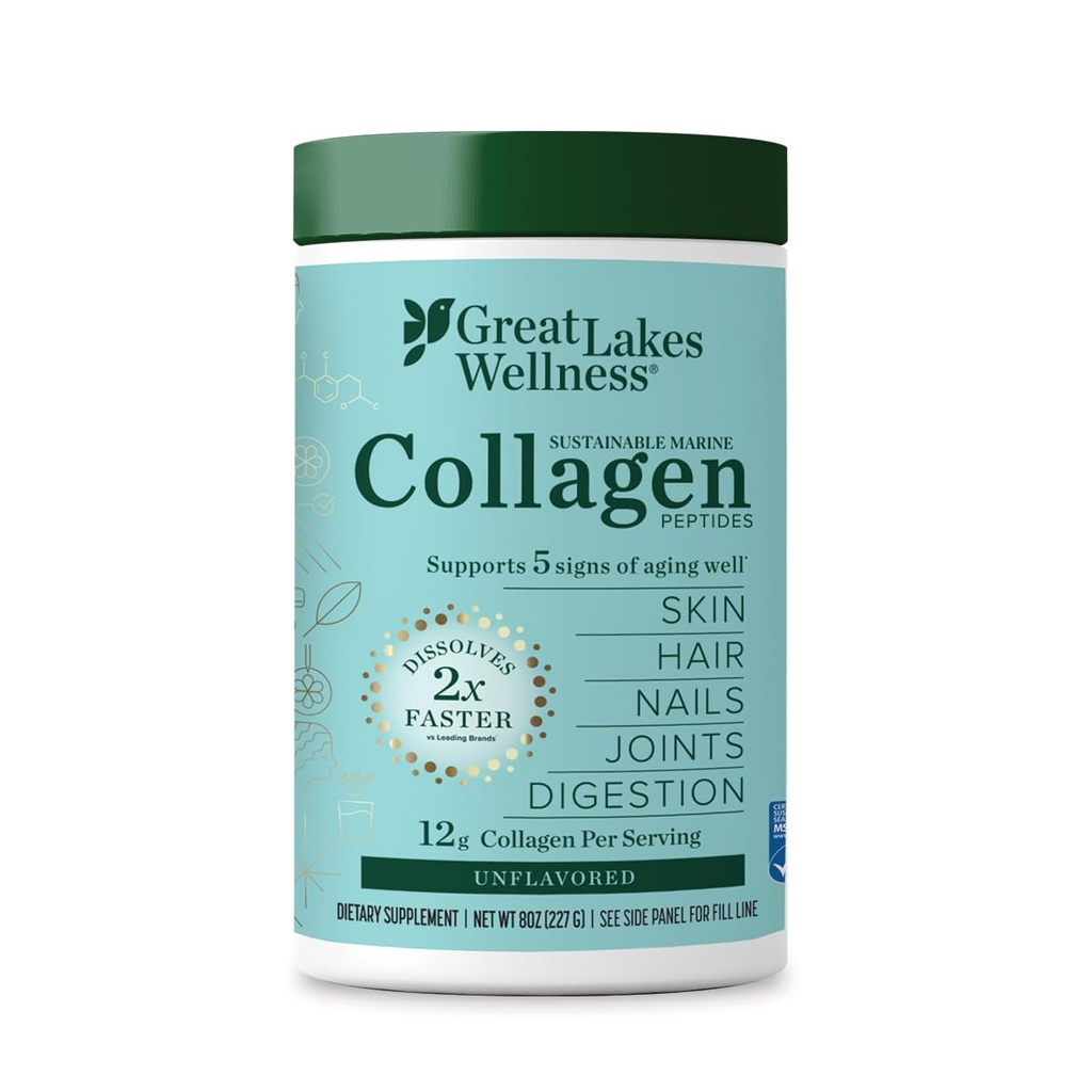 Great Lakes Wellness Sustainable Marine Collagen Peptides - Wild Caught MSC Certified - Unflavored Hydrolyzed Protein Powder - Support for Skin, Hair, Nails, Joints & Digestion - iGen Non-GMO - 8 oz