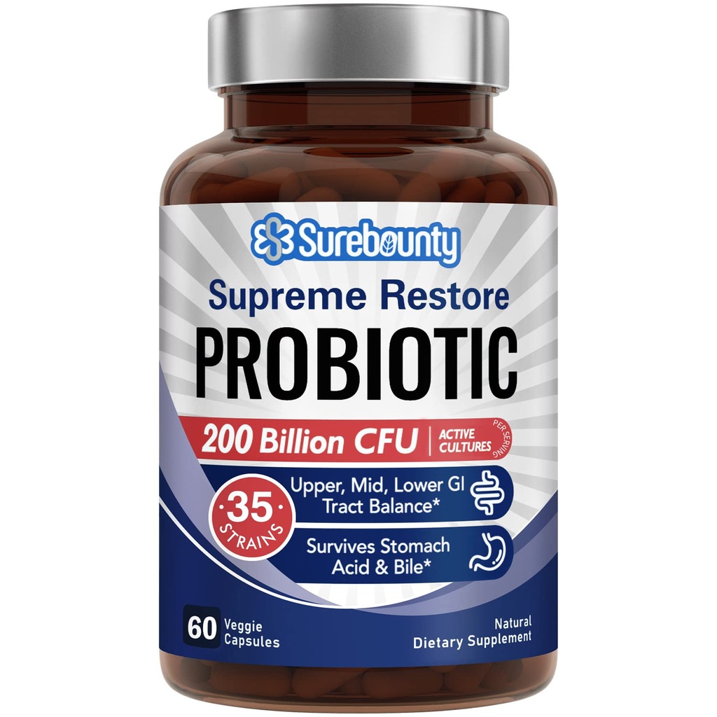 Probiotikum für Männer und Frauen, 200 Milliarden CFU 35 Strains, Präbiotika + Verdauungsenzyme, Supreme Restore Probiotic Supplement, Obere, mittlere, untere GI Tract Balance, 60 Veggie Capsules, 1 Monat