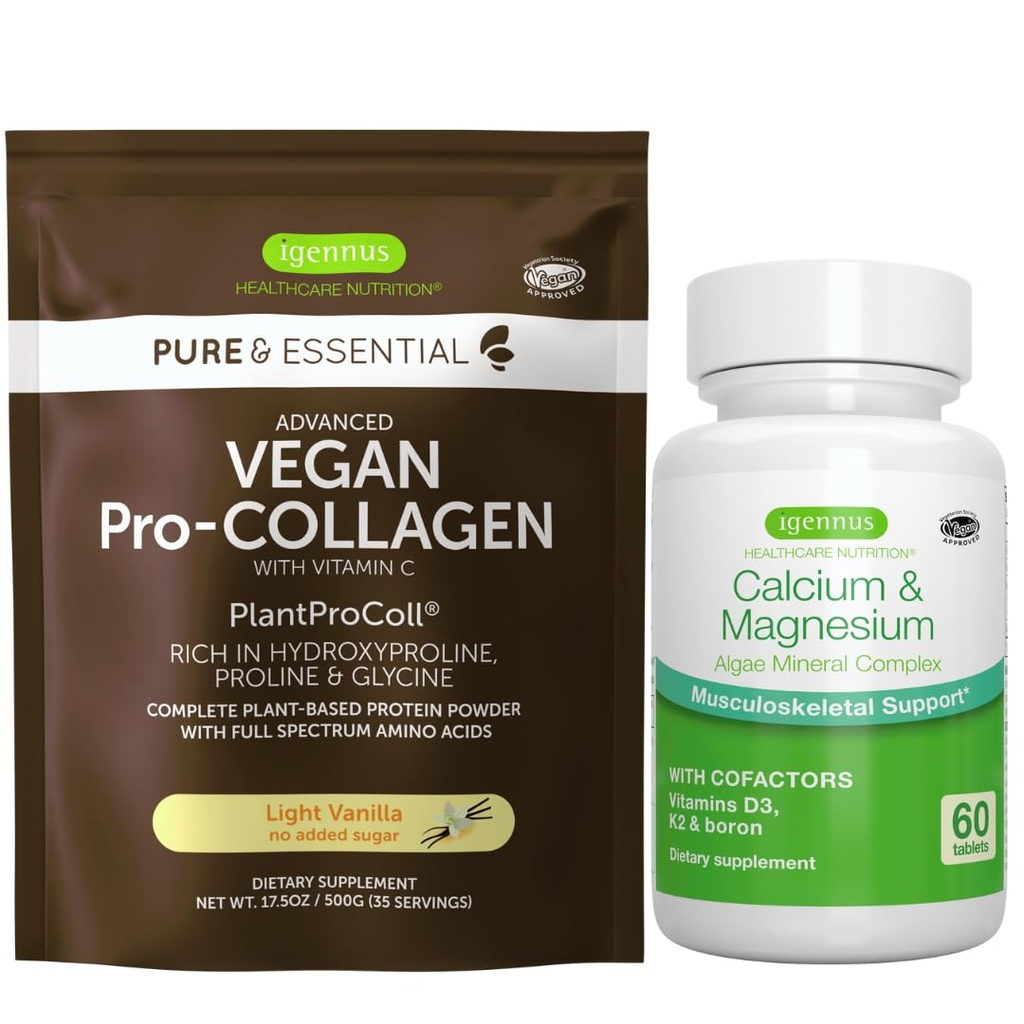 Vegan Vanilla Collagen Protein Powder + Calcium & Magnesium Complex Bundle, umfassende Knochenunterstützung, von Igennus
