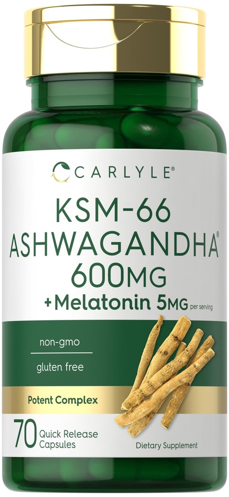 Carlyle KSM-66 Ashwagandha Kapseln 600mg | 70 Count | mit Melatonin 5mg | Potent Complex | Non-GMO, Glutenfrei