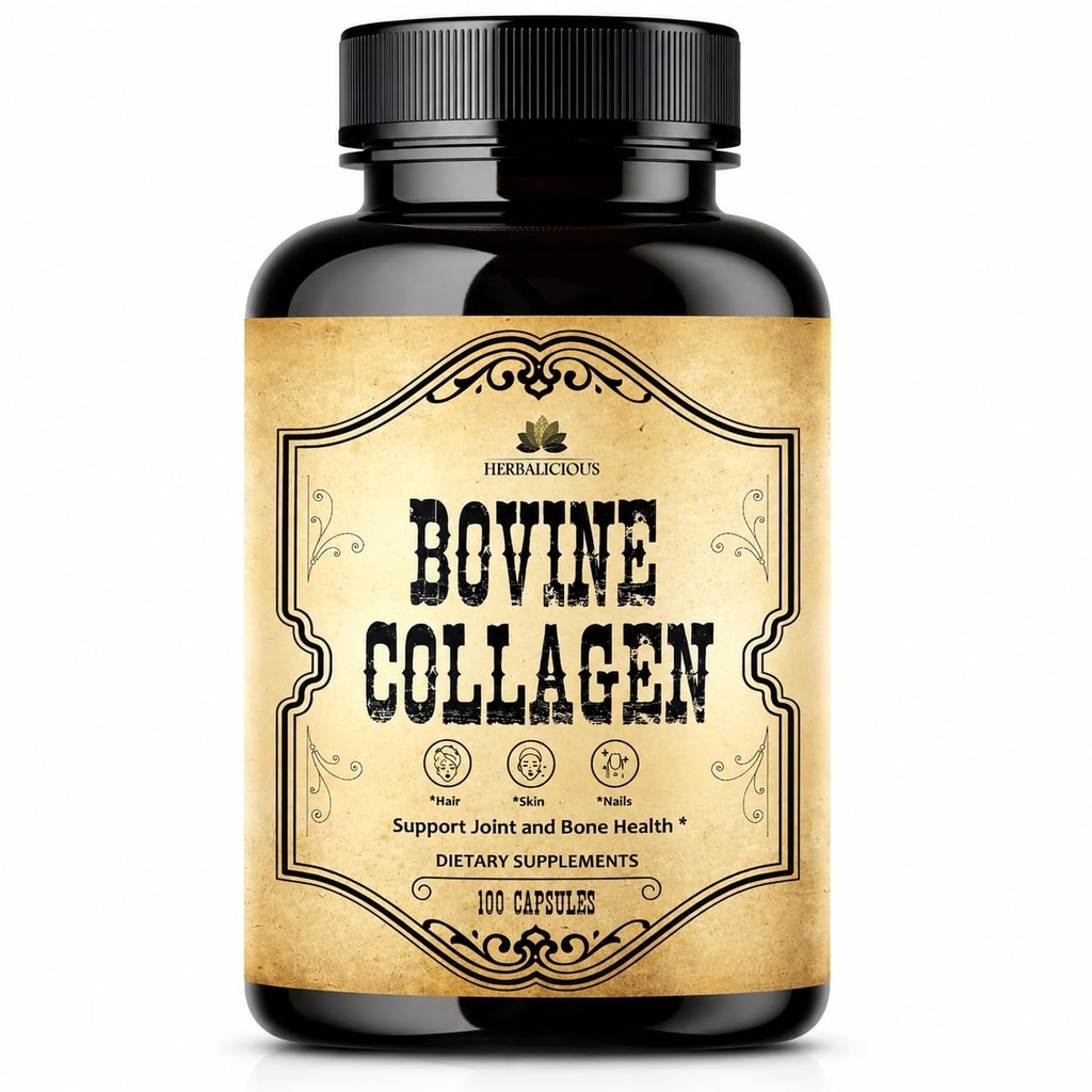 HERBALICIOUS Bovine Collagen Ergänzungen für Männer und Frauen | Hydrolysed Grass-Fed Bovine Collagen Peptides | Joint, Nerve & Bone Unterstützung | Non-GMO, Anti-Aging | 100 Kapseln