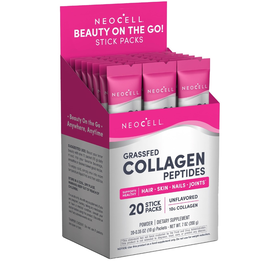 NeoCell Super Collagen Peptide, 10 g Collagen/Single-Serve Packet; Keto Certified, Glutenfrei; für gesunde Haut, Haar, Nägel und Gelenkunterstützung;* Unflavored Powder, 20 Servs, 7 Oz.