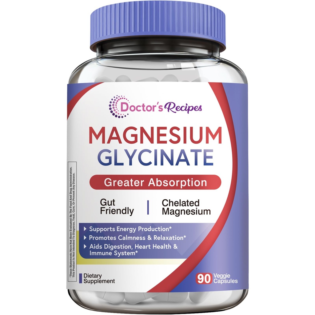 Doctor's Recipes Magnesium Glycinate Supplement, Aminosäure gekämpft, nicht gepuffert, hohe Absorption, leicht auf Stomach, Unterstützung Calm, Knochen, Herz, Energie, Nerve, 90 Vegan Kapseln