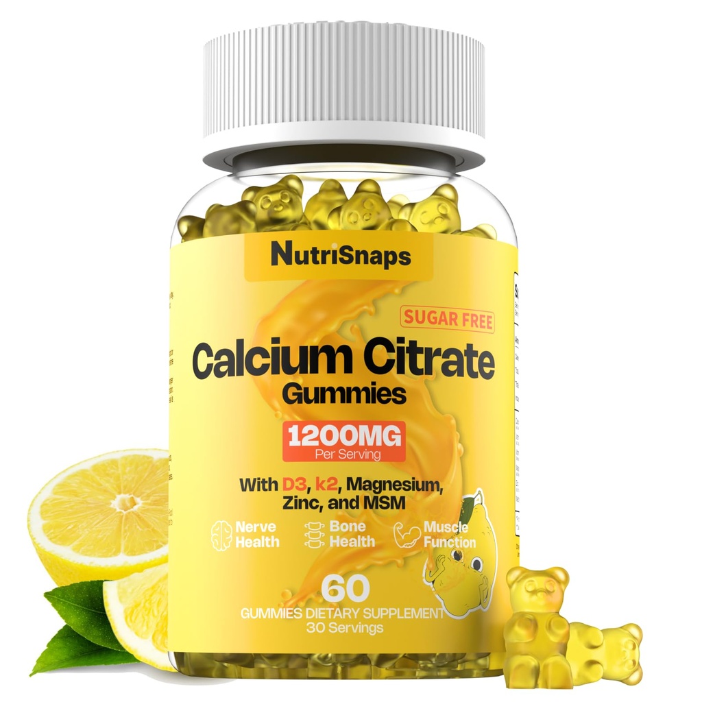 Sugar Free Calcium Citrate Gummies 1200mg mit Vitamin D3 K2, Magnesium, Zink, MSM für Männer & Frauen, Knochen, Muskel, Immununterstützung, Ultimate Absorption Calcium Supplement, Vegan, 60 Zähler
