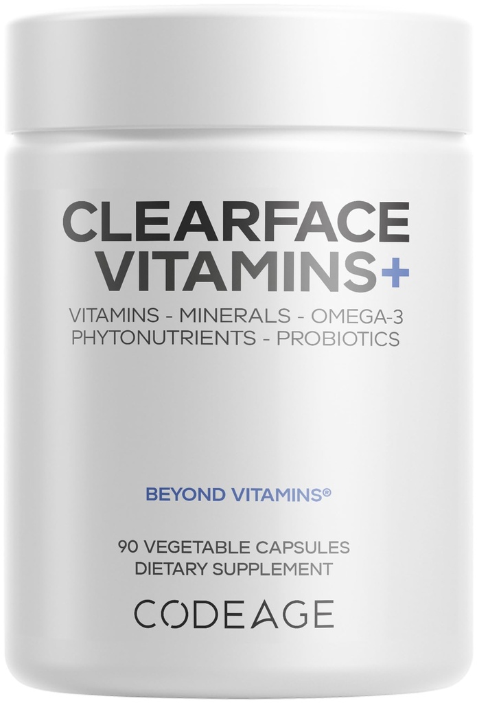 Codeage Clearface Pantothensäure, Niacin Ergänzung, Vitamine A, C, D3, E, Probiotics, Zink, Riboflavin, Thiamin, L-Lysine HCL & Omega-3, Niacinamide, Haut Botanical Blend - Non-GMO - 90 Kapseln