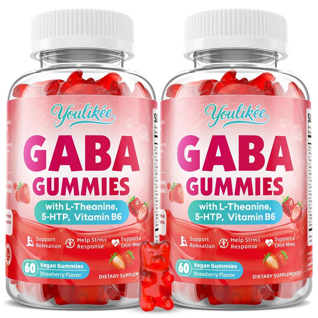 2 Pack GABA Gummies 500mg with L-Theanine, 5-HTP, Vitamins B6, B12, D3 and Ashwagandha, Melatonin-Free, GABA Supplements for Adult, Sugar-Free, Strawberry Flavor, 120 Count