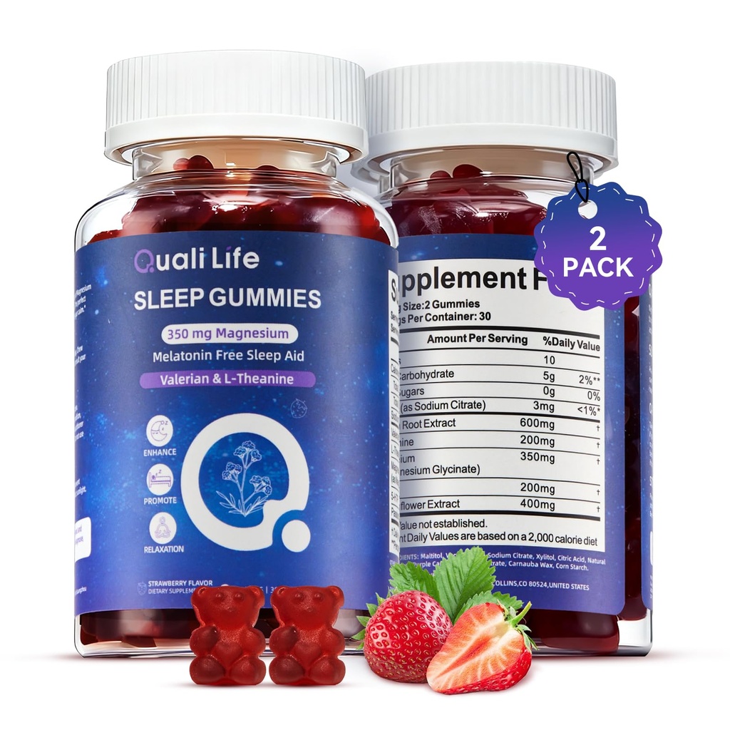 Melatonin Free Sleep Gummies for Adults with Magnesium, Valerian Root, 5-HTP & Herbal Blend - Natural Sleep Aid Supplements - Non-Habit Forming, Sugar Free, Strawberry Flavor, 60 Count (2)