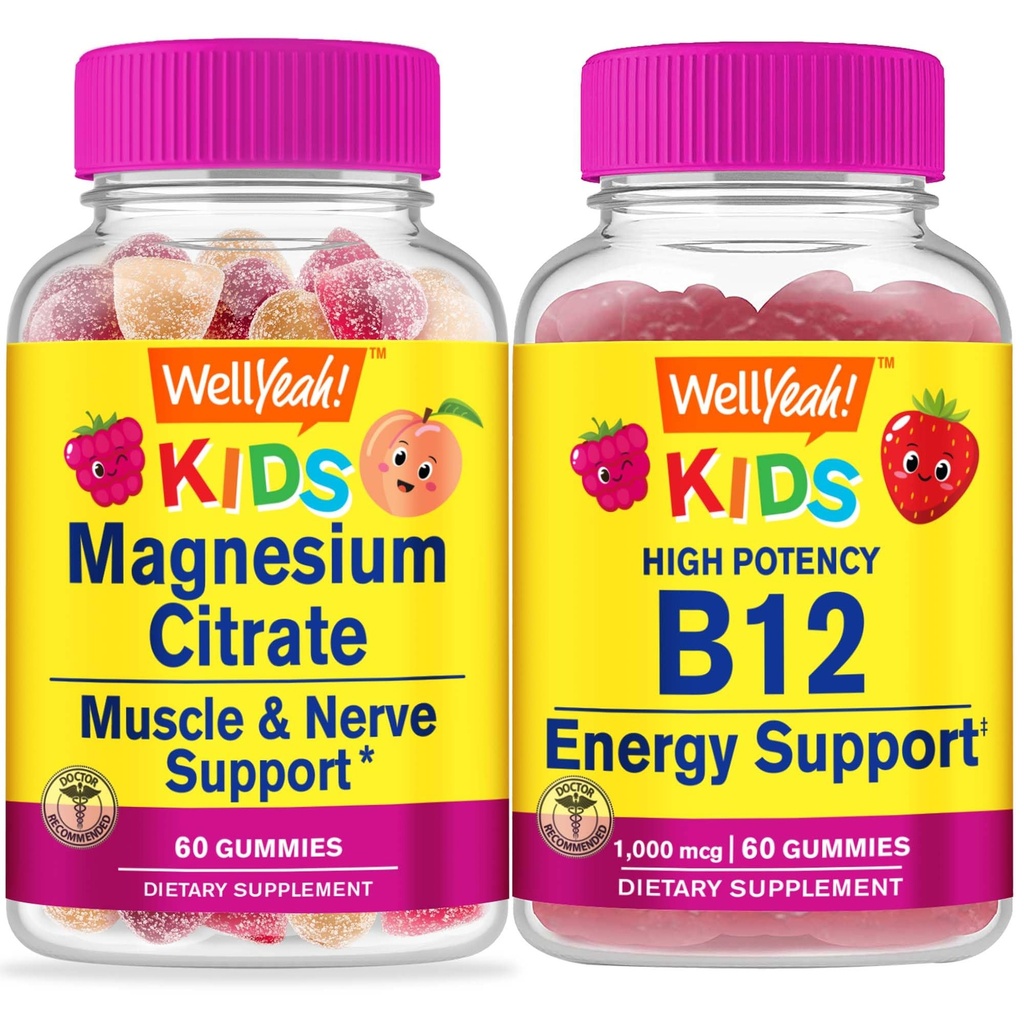WellYeah Magnesium Citrate Kids + Vitamin B12 Kids, Gummies Bundle - Great Tasting, Vitamin Supplement, Gluten Free, GMO Free, Chewable Gummy