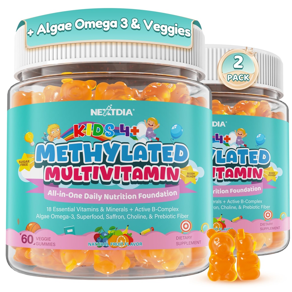 Kids Methylated Multivitamin Gummies + Omega 3 DHA, Super Greens, Prebiotic, Kids 4+ Daily Vitamins w/ Methylfolate, Methyl B12, B6, A, C, D3K2, Zinc for Children Growth, Immunity, Sugar Free, 120 Cts