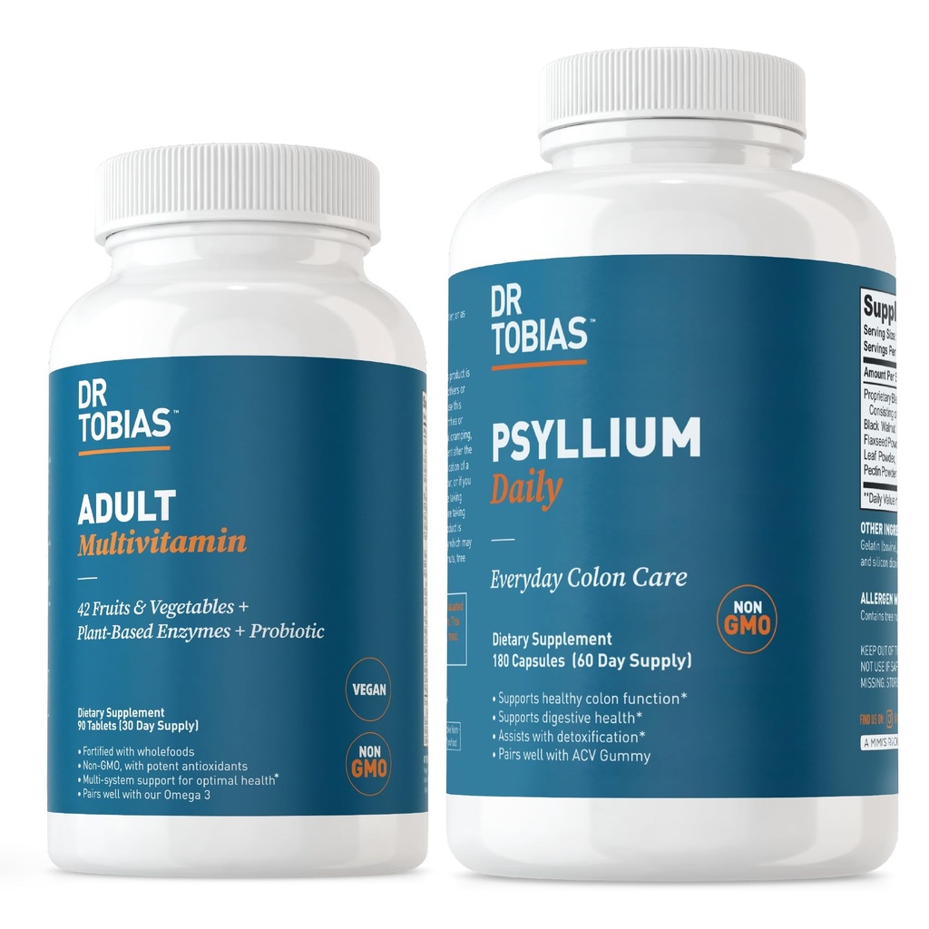 Dr. Tobias Adult Multivitamin & Psyllium Daily unterstützt Energie, Immunität & Gesunde Bowel-Bewegungen mit 42 Früchten & Vegatables, Psllium Husk, Bentonite Clay, Flaxseed & Natural Ingredients
