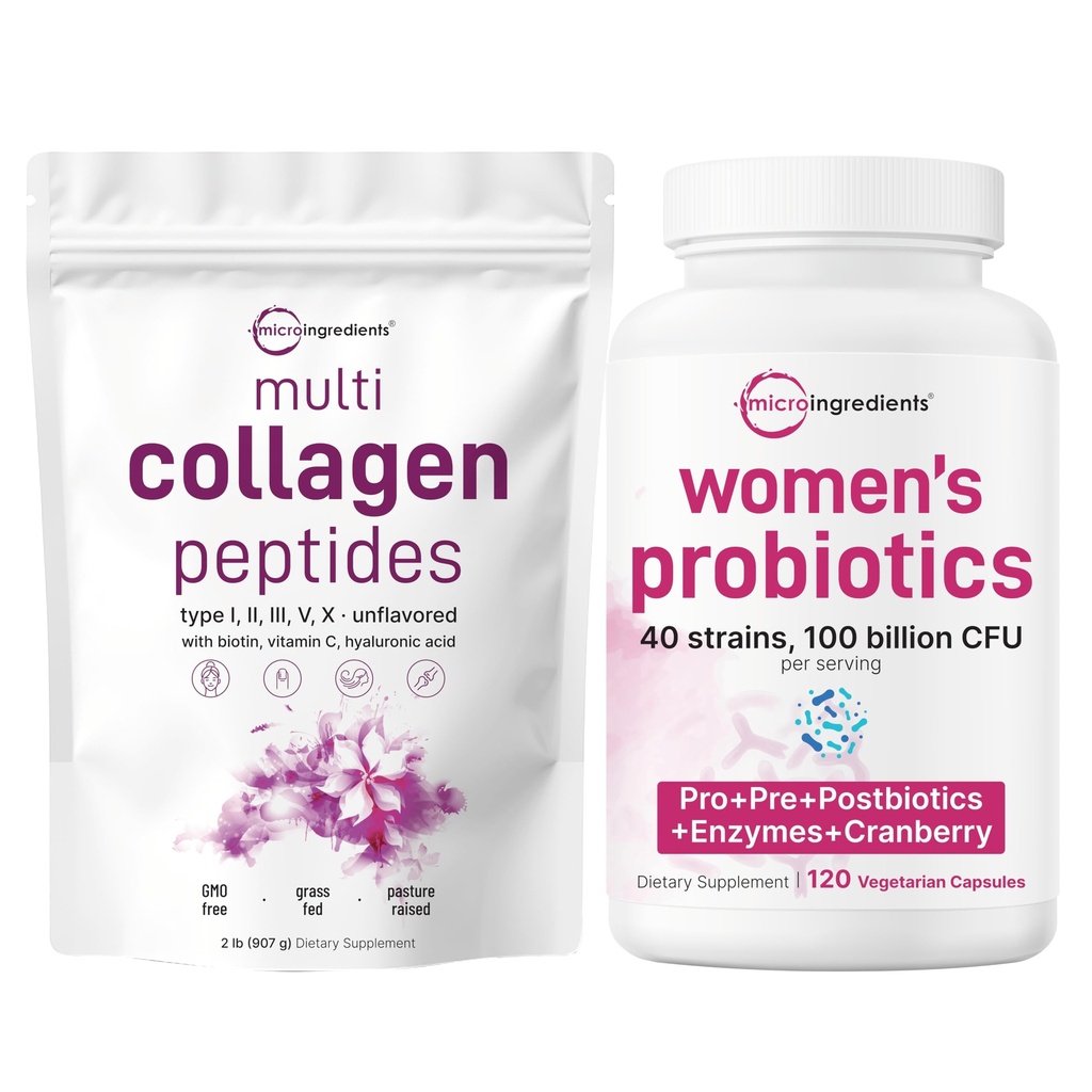 Micro Ingredients 8-in-1 Multi Collagen Powder & Women’s Probiotics 100 Billion CFU Veggie Capsules | 2 Pack | Hydrolyzed Peptides + Hyaluronic Acid & Vitamin C | 40 Strains + Cranberry & D-Mannose