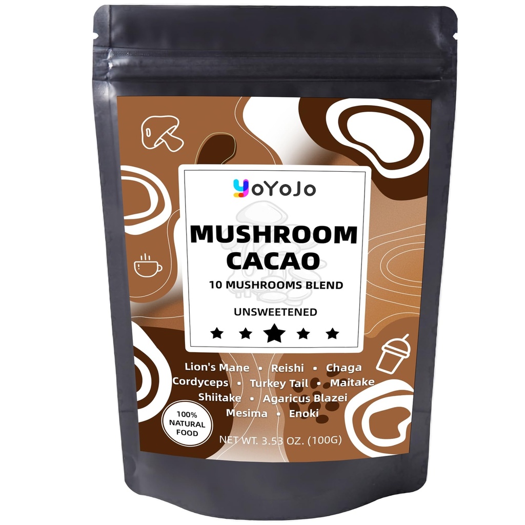 Mushroom Cacao Mix, Organic Raw Cacao with 10 Mushrooms Powder, Non-GMO, Vegan, Gluten Free, Unsweetened Hot Chocolate Natural Supplement, 3.53oz