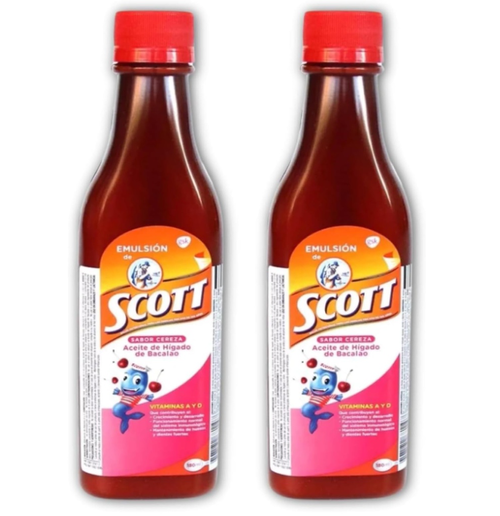 Emulsion de Scott Sabor a Cereza Pack de 2 | Suplementos multivitamínicos | Emulsion de Scott para niños | 180 mL Con Omega 3 Vitaminas A y D, Bacalao, Calcio y Fósforo | Producto 100% Colombiano