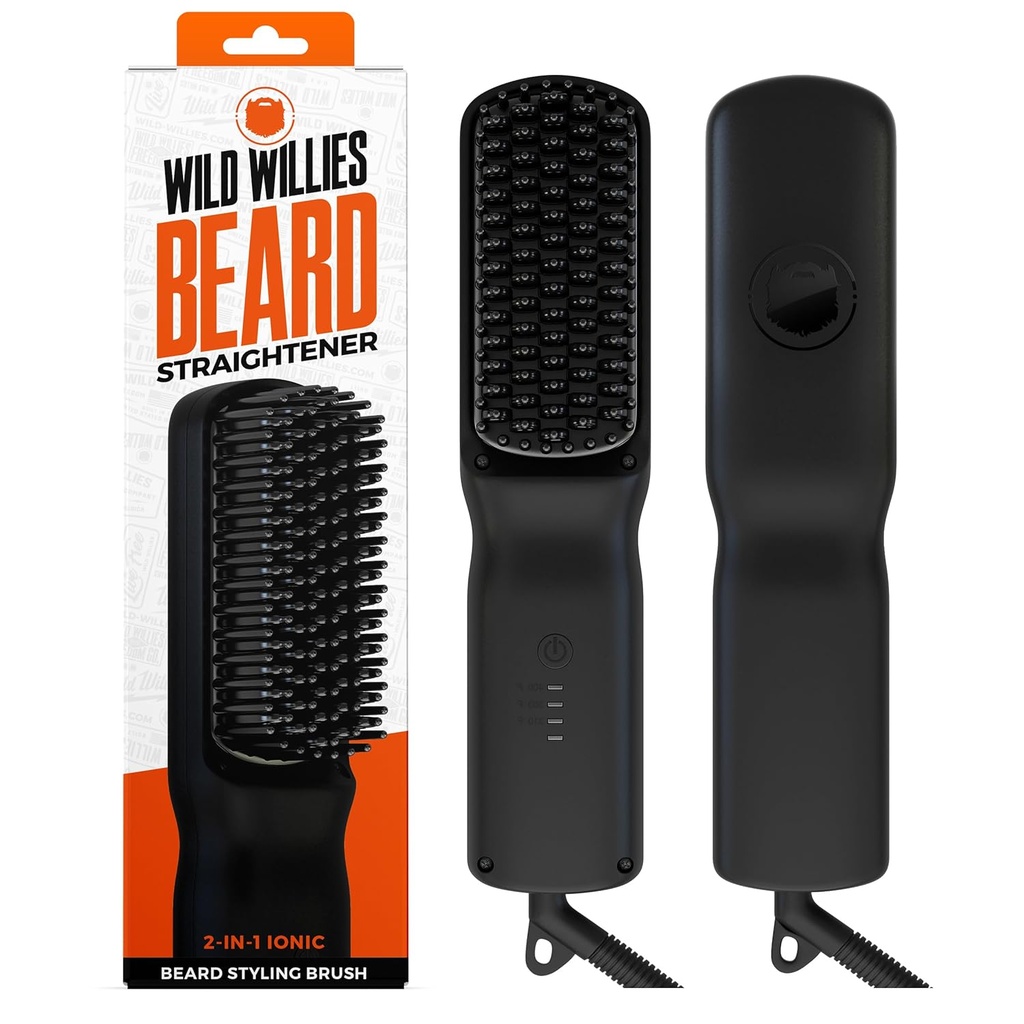 Wild Willies Beard Straightener for Men - 3 Temperature Settings, Tourmaline Ceramic Heated Beard Brush & Hot Comb - Portable, Ionic Technology, Coarse & Curly Hair, 400F - Grooming Tool