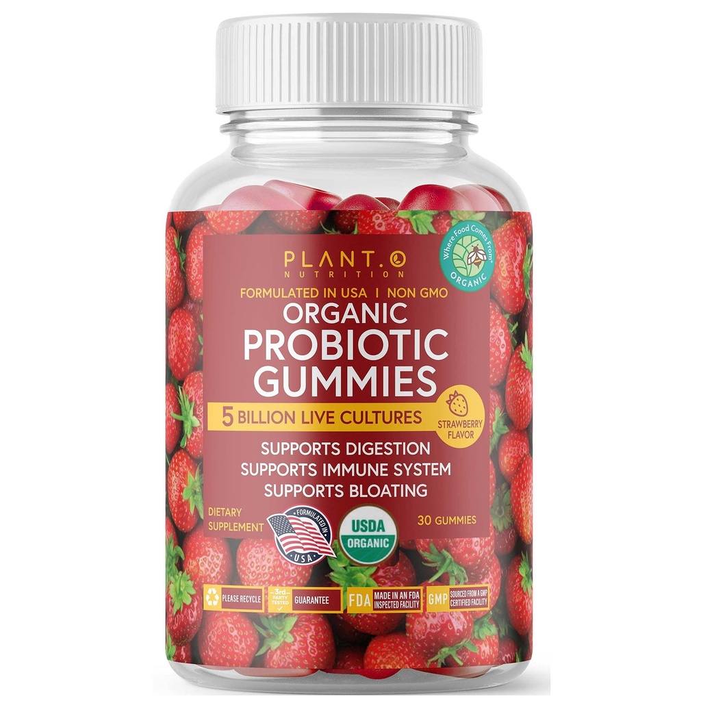 Plant.O Organic Probiotic Gummies für Frauen, Männer und Kinder [5 Billion CFUs USDA Certified] Helfen Sie Verdauung, Bloating, Constipation & Immune System, Erdbeeren Flavor, 30 Chewable Probiotics