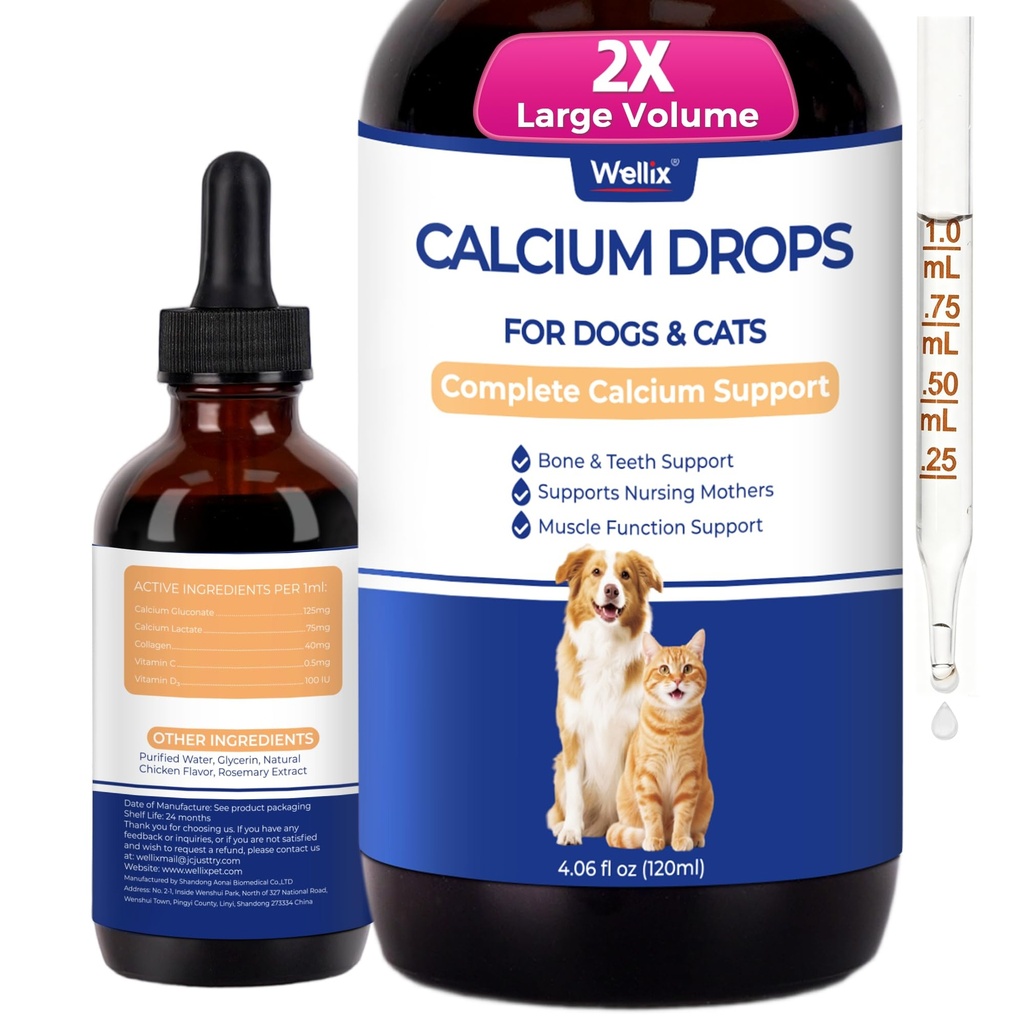 Wellix 4.06 fl oz Calcium Liquid for Dogs & Cats – with Collagen, Vitamin C & D3 – Daily Cat & Dog Calcium Supplement to Support Strong Bones,Whelping Labor, Muscles & Calcium Absorption