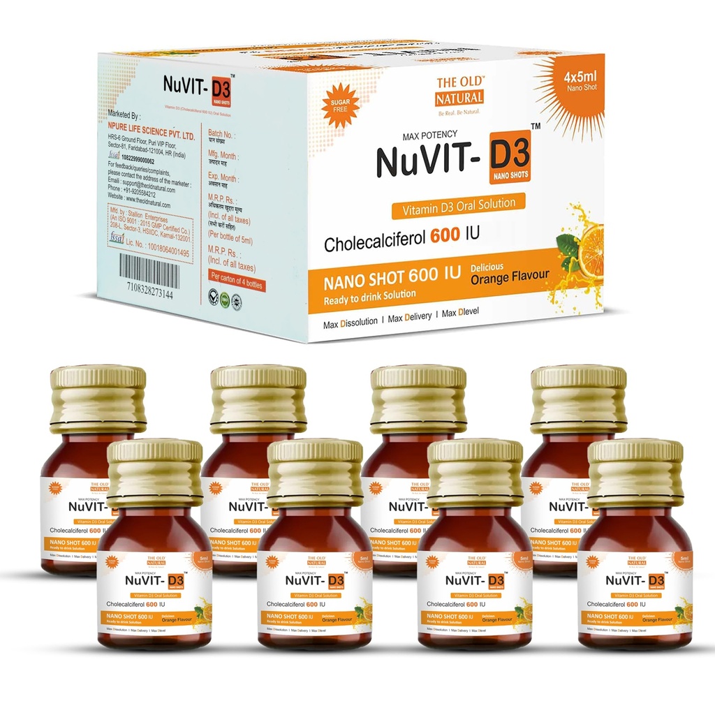 Nuvit D3 Vitamin D3 60000 Iu I Cholecalciferol Vitamin D3 Oil 60000 Iu Sugar Free Nano Shots I Once in A Week - 5Ml (Pack of 8 Nano Shots - 40Ml)
