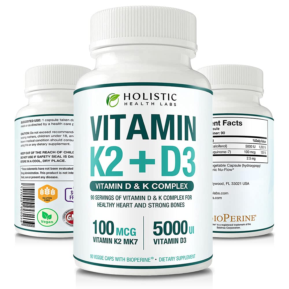 Max Absorption Vitamin K2 + D3 (5000IU) 90 Veggie Kapseln von MK-7 (Menaquinone-7) und Cholecalciferol (mit BioPerine) 3-Months Supply – D3 mit K2 für gesundes Herz und starke Knochen | Non-GMO