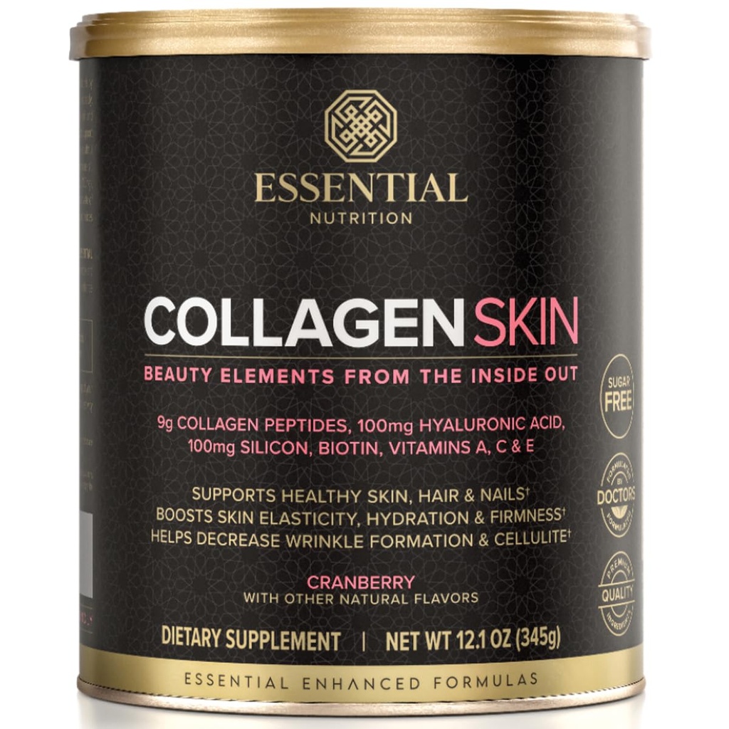 Essential Nutrition Collagen Skin - Hydrolyzed Collagen Peptides, with Hyaluronic Acid, Silicon & Biotin - Hair, Skin & Nails - Cranberry - 11.9 oz (30 Servings)
