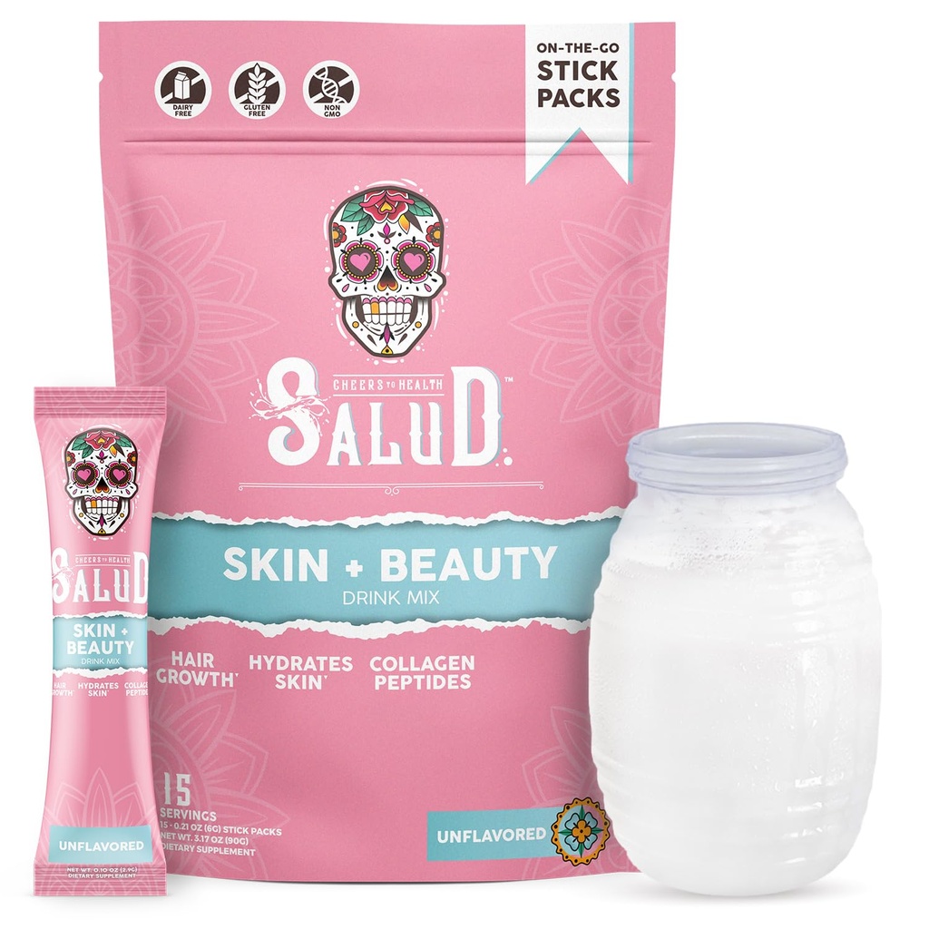 Salud 2-in-1 Skin + Beauty Drink Mix Packets, Unflavored, Collagen Peptides with Verisol, Hyaluronic Acid, Vitamin C, Biotin + Lustriva, Hydration Sticks, Gluten Free, (15 Servings)