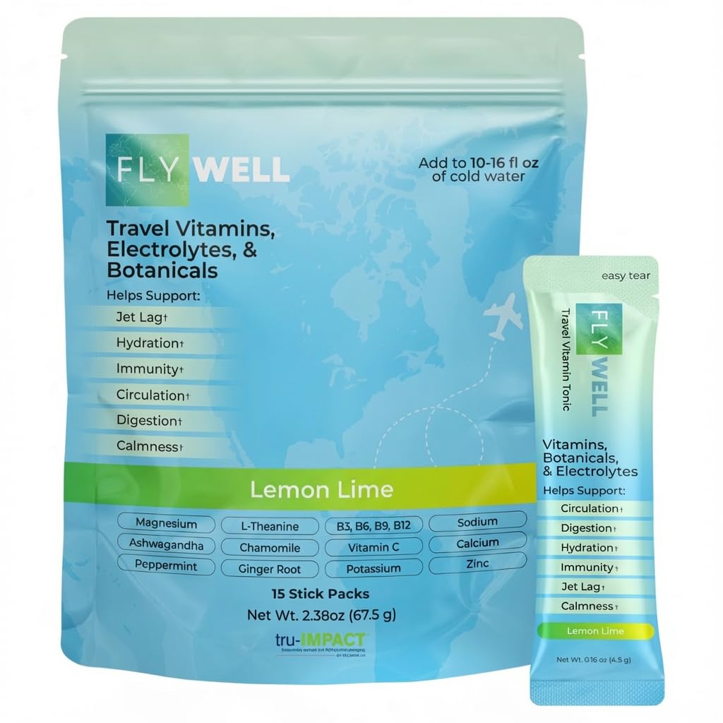 Travel Vitamin Tonic for Flight, Jet Lag, Hydration, Circulation, Digestion & Immune Support, Promotes Calmness, Electrolyte Powder, Travel Essentials, Lemon Lime, 15 Sticks