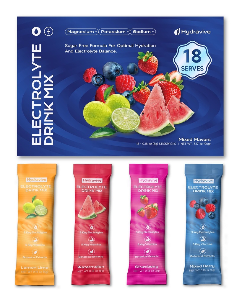 Hydration Electrolyte Powder 18 Packs – Sugar Free Liquid Daily IV Drink Mix | 1,000mg Total of 5 Electrolytes, 5 Vitamins | Ashwagandha, L-Theanine | Non-GMO (Variety)