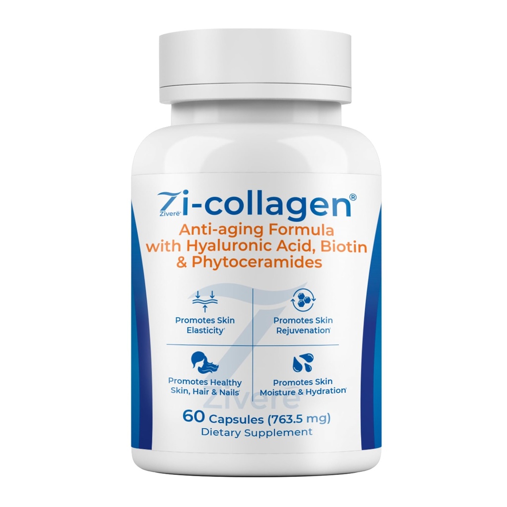 Zi-Collagen Marine Collagen Capsules for Skin, Hair & Nails Support – with Phytoceramides, Hyaluronic Acid, Biotin & Vitamins A C D3 E – 60 Capsules