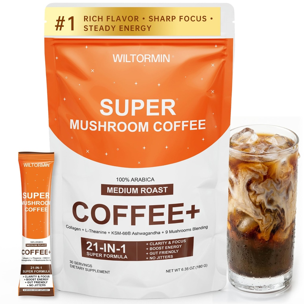 Mushroom Coffee with 9 Adaptogenic Mushrooms, Collagen, Lion’s Mane, KSM-66 Ashwagandha & L-Theanine, Smooth Low-Acidity Instant Coffee for Focus Energy Digestion Immunity, No Bitter Taste, 30 Sticks