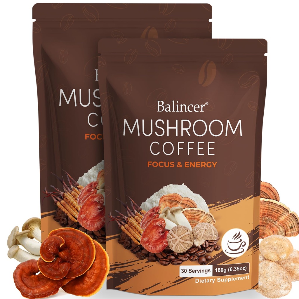 Mushroom Coffee, 6 Adaptogenic Mushrooms with Lion's Mane, Cordyceps, Turkey Tail & More, Instant Mushroom Coffee for Focus, Energy, Immune & Digestion Support
