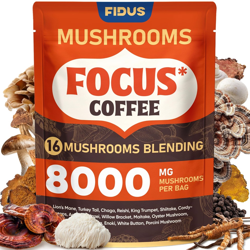 Fidus 16 in 1 Mushroom Coffee with 8000mg Adaptogenic Mushrooms with Ashwagandha, Probiotic, Magnesium and Lion's Mane Instant Mushroom Coffee for Focus, Energy, Immunity & Digestion, 40 Servings
