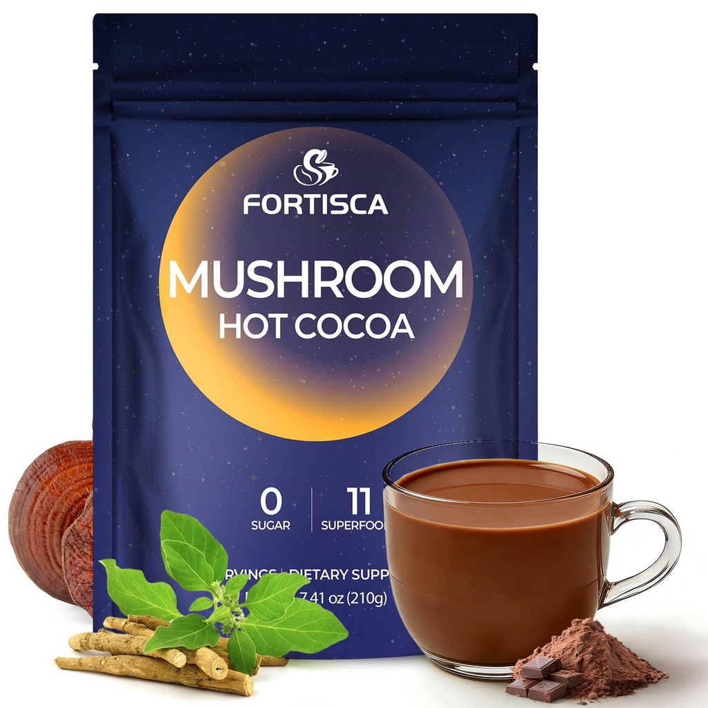 Mushroom Hot Cocoa Powder, Magnesium Glycinate, L-Theanine, Reishi, Tryptophan, Ashwagandha, Sleep Hot Chocolate Supplement for Calm, Relax, Sleep & Stress Support, Mushroom Coffee