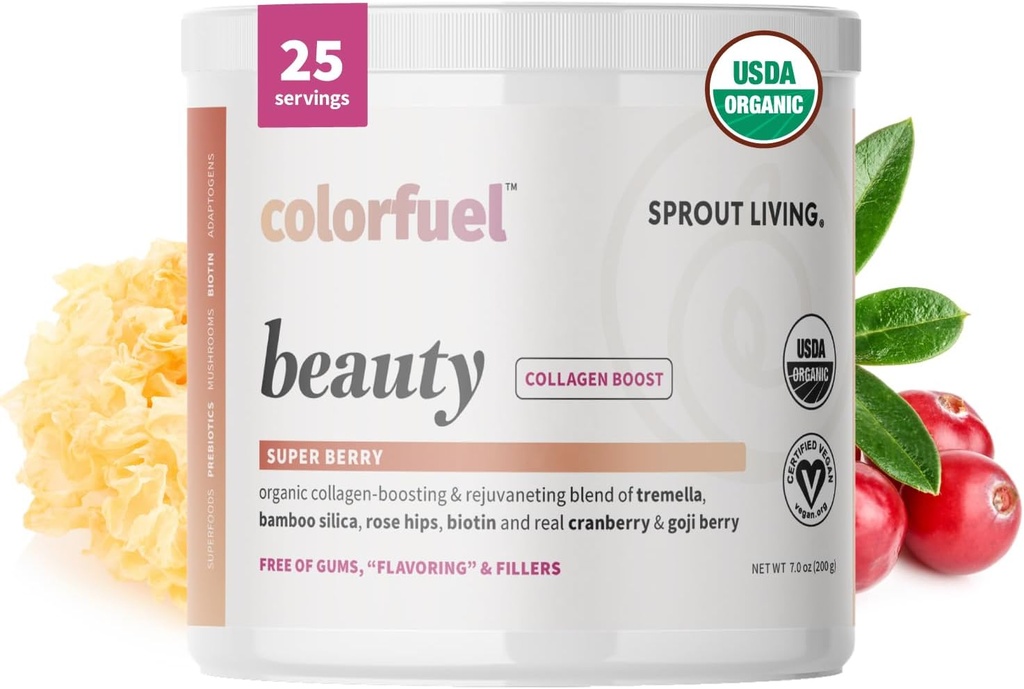 Sprout Living, Colorfuel Beauty Powder Drink Mix, Bio-Superfoods + Adaptogene | Haar, Haut und Nägel Unterstützung, Vegan Collagen Boost, Biotin, Silica, Vitamin C, Super Berry Flavor (25 Servierungen)