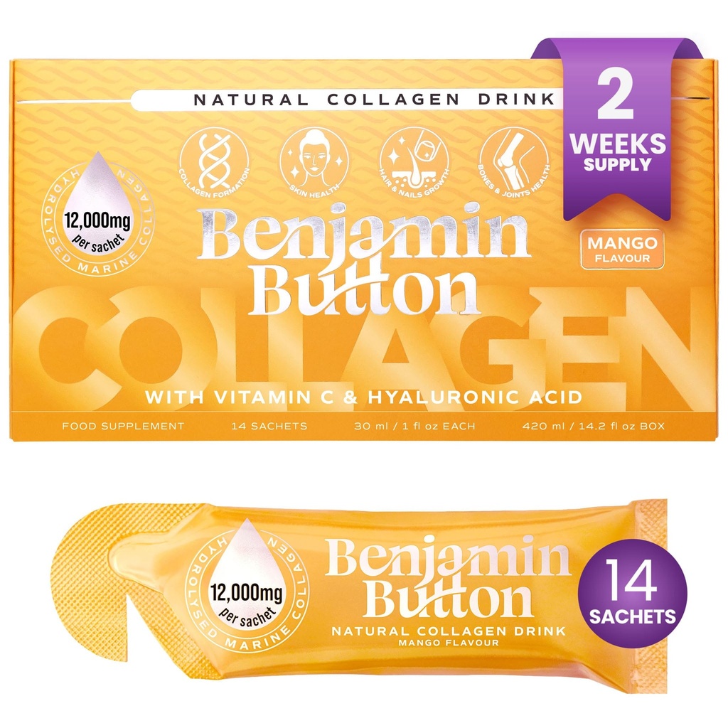 Benjamin Button 12,000mg Marine Collagen Liquid Shots| High Strength Hydrolyzed Marine Collagen Peptides w/Hyaluronic Acid & Vitamin C for Skin, Hair & Joints | Mango, 14 Daily Servings 30ml