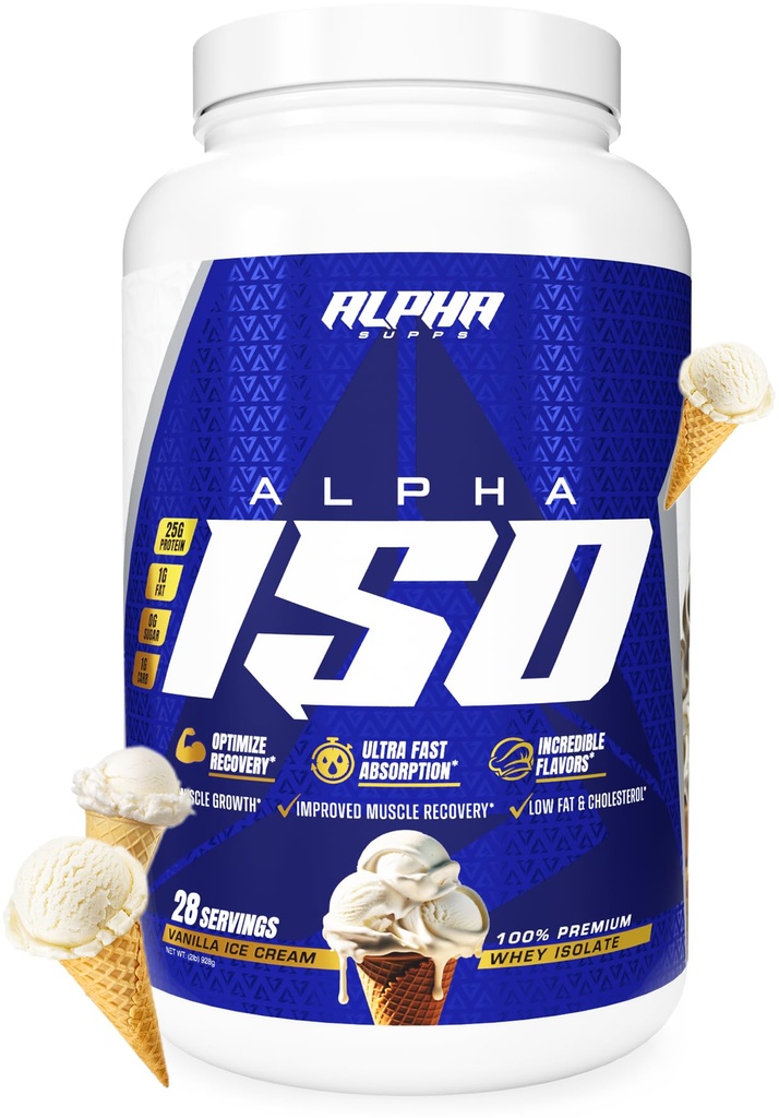 Alpha Supps ISO, Low Carb 100% Whey Protein Isolate Powder, 25 Grams Per Serving, Helps Support Muscle Growth, Low Sugar and Gluten Free (Vanilla Ice Cream, 2 lb)