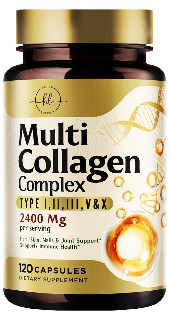 Multi Collagen Peptide 2400mg für Damen – Bester hydrolysierter Kollagenkomplex mit 5 Arten (I, II, III, V, X) - Gras Fed - Haar, Haut, Nagel, Knochen & Gelenkunterstützung für Beauty & Wellness – 120 Kapseln